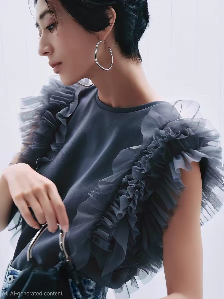 LS60615韓國立體荷葉薄紗拼接無袖上衣｜韓系氣質 Ruffle Tulle Top