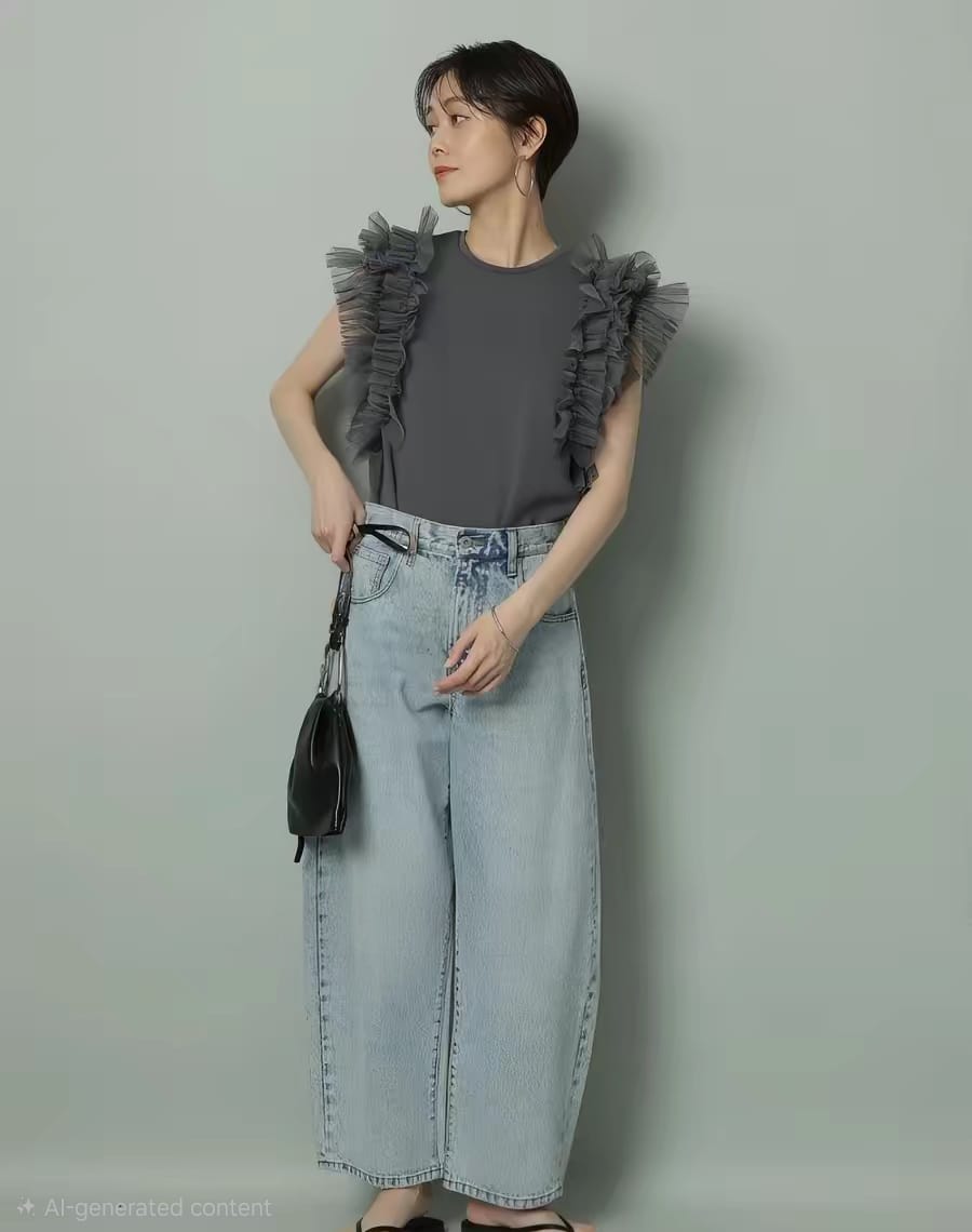 LS60615韓國立體荷葉薄紗拼接無袖上衣｜韓系氣質 Ruffle Tulle Top