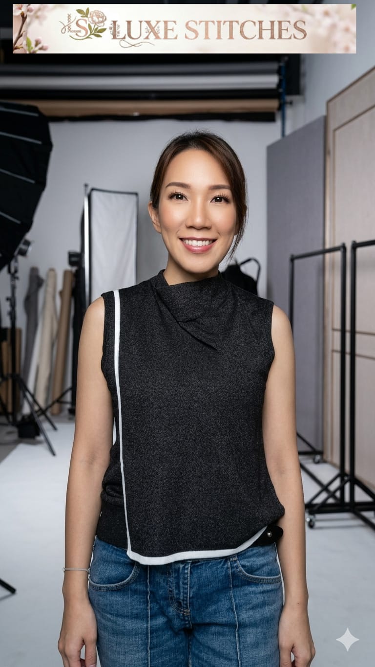 LS60619光絲不對稱交叉領無袖針織背心 | 撞色滾邊小企領上衣 Korean Draped Knit Vest TOPS