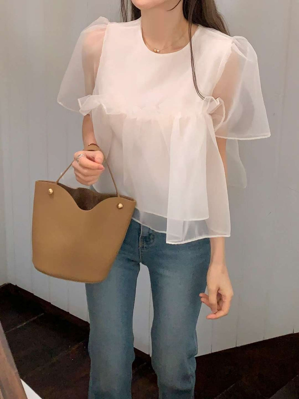 韓國CRONG透紗泡泡袖娃娃衫 | 甜美荷葉邊拼接短袖上衣 Korean Organza Puff Sleeve Top