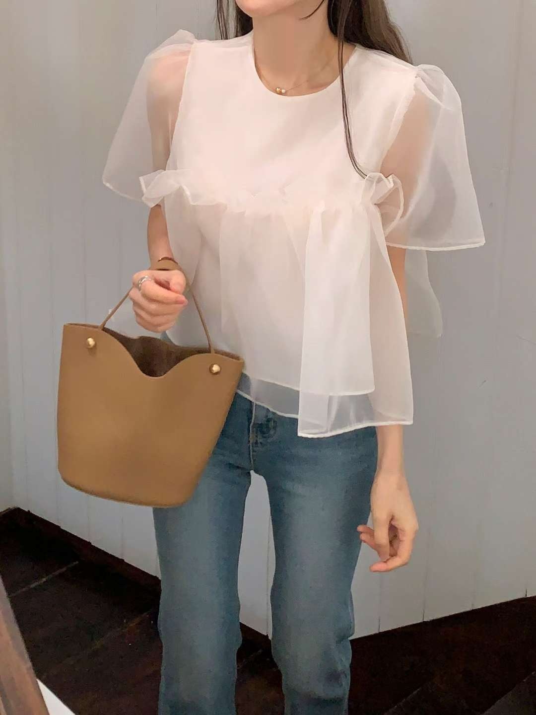 韓國CRONG透紗泡泡袖娃娃衫 | 甜美荷葉邊拼接短袖上衣 Korean Organza Puff Sleeve Top