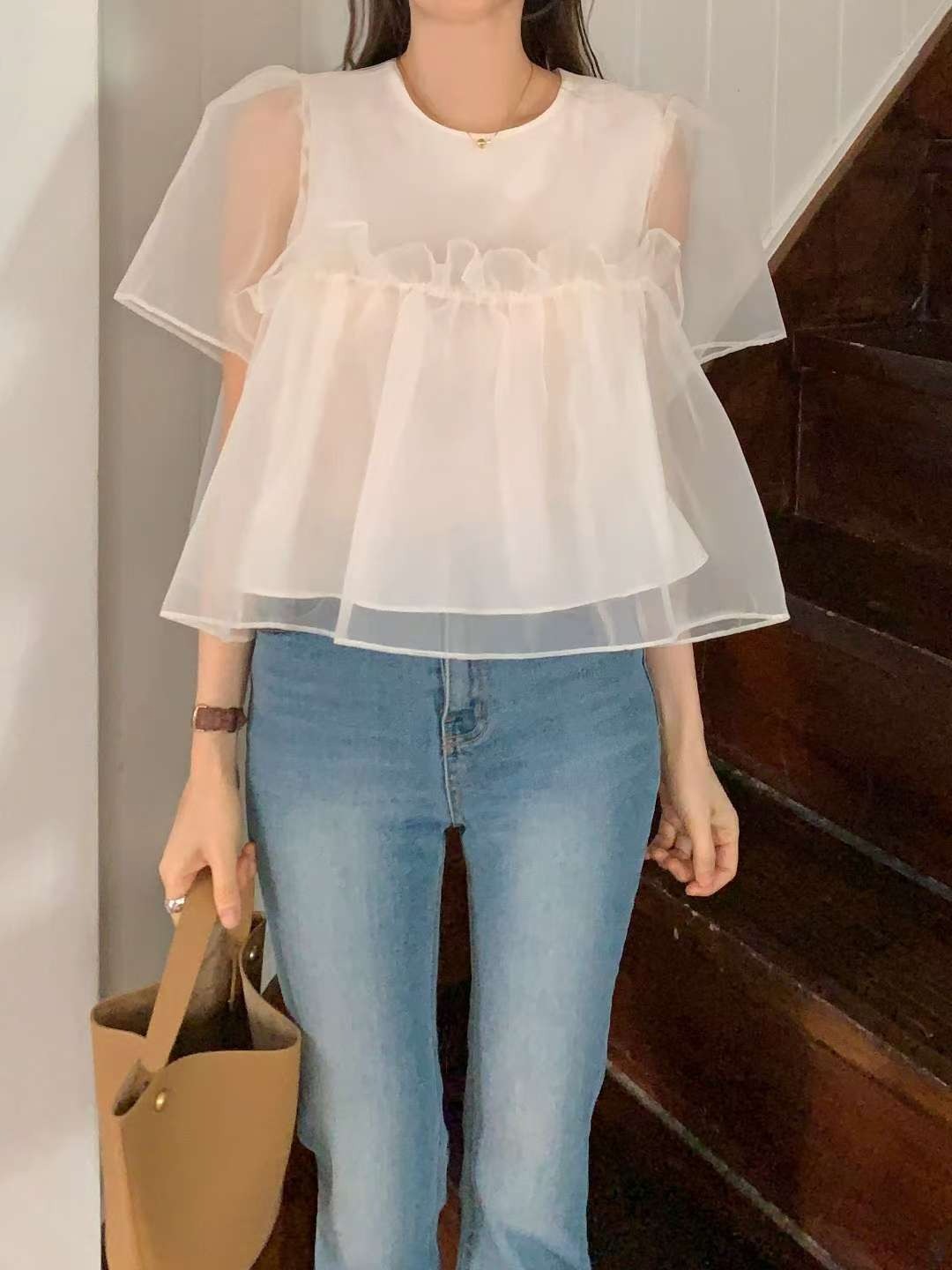 韓國CRONG透紗泡泡袖娃娃衫 | 甜美荷葉邊拼接短袖上衣 Korean Organza Puff Sleeve Top