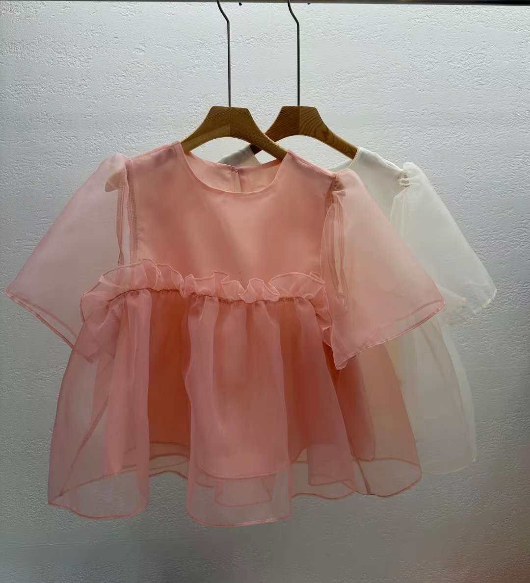 韓國CRONG透紗泡泡袖娃娃衫 | 甜美荷葉邊拼接短袖上衣 Korean Organza Puff Sleeve Top
