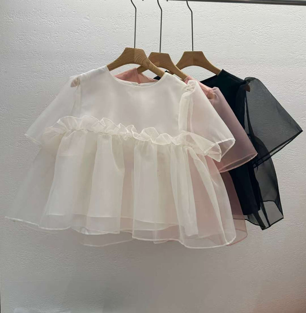 韓國CRONG透紗泡泡袖娃娃衫 | 甜美荷葉邊拼接短袖上衣 Korean Organza Puff Sleeve Top