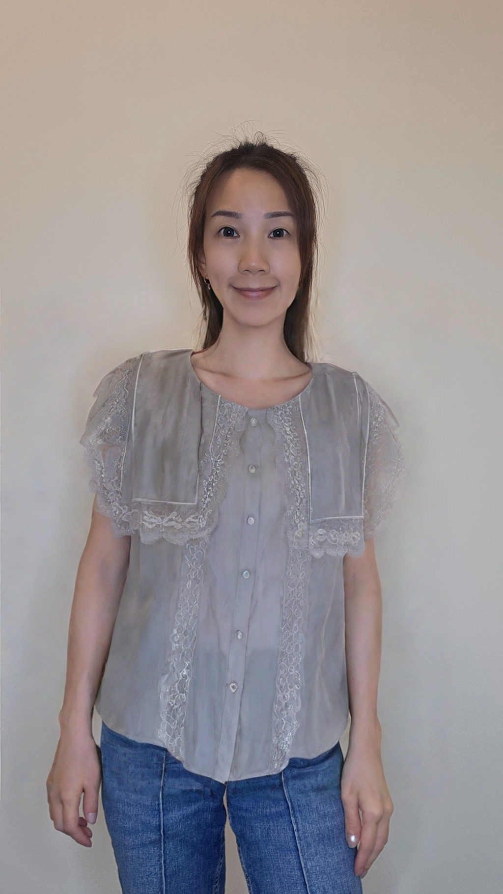LOG60601 韓國 FLAT_OGI 蕾絲領拼接短袖上衣｜韓系優雅鈕扣恤衫 Lace Collar Blouse