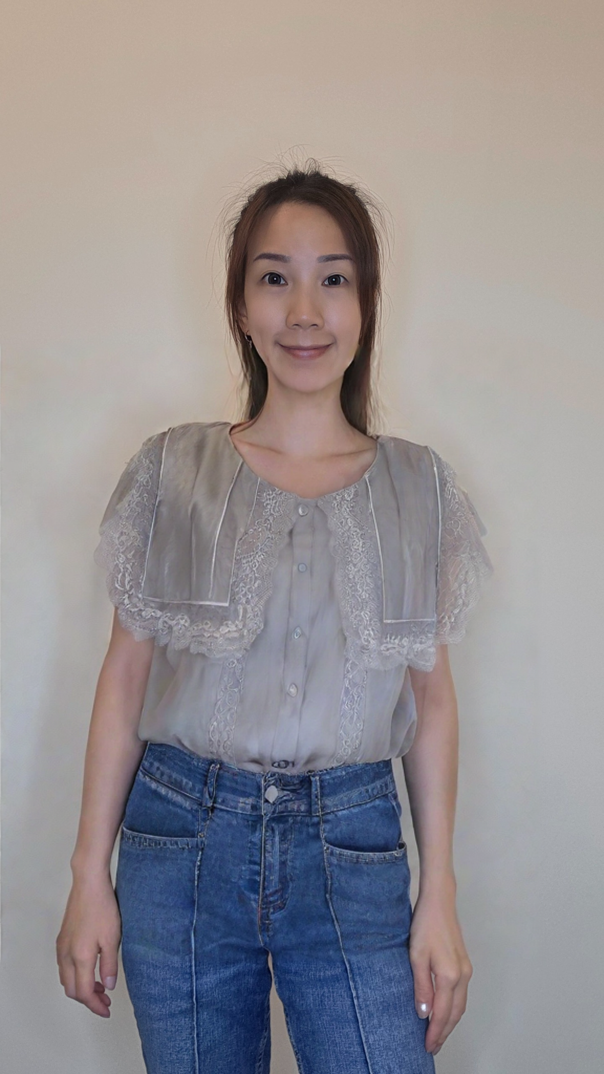 LOG60601 韓國 FLAT_OGI 蕾絲領拼接短袖上衣｜韓系優雅鈕扣恤衫 Lace Collar Blouse
