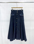 E32 Waist Back Elastic Button Point Flare Denim Skirt