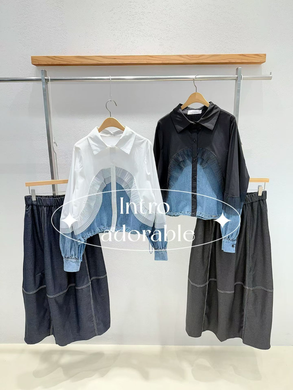 H36 百褶拼接牛仔恤衫