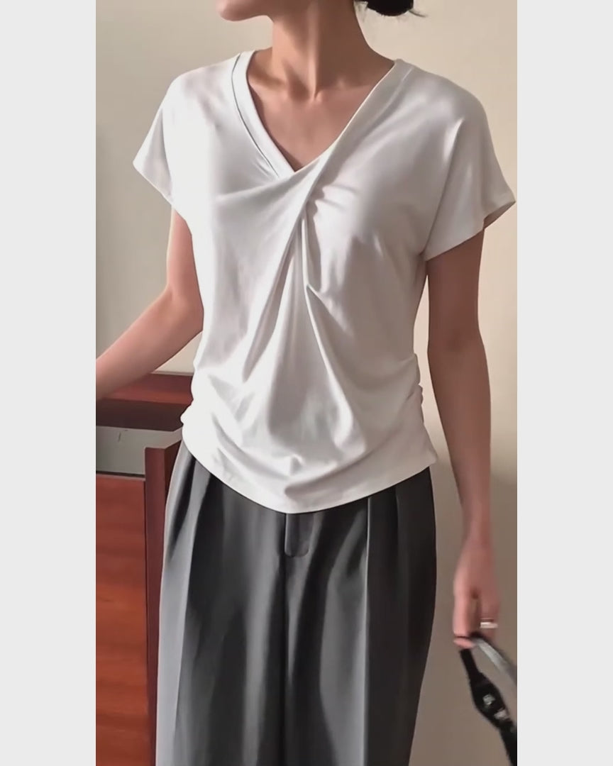 LBN60607 韓國BANANA3435深V領抽繩短袖T恤 | 慵懶寬鬆棉質上衣 Korean V-Neck Casual Tee