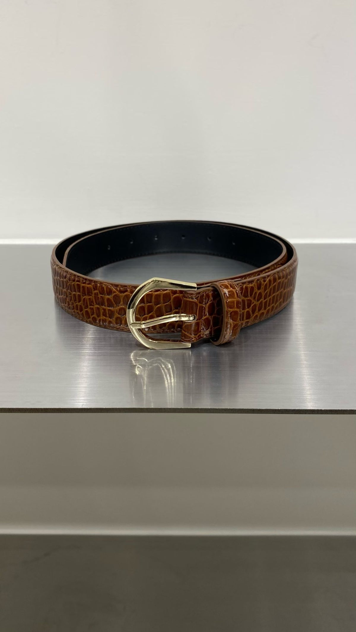 H69 Brown Croc-Embossed Belt with Gold Buckle｜啡色鱷魚紋金扣腰帶