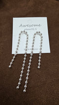 A64 silver ball-chain drop earrings with long hanging strands and staggered ends displayed on a white Awesome silver92.5 card.